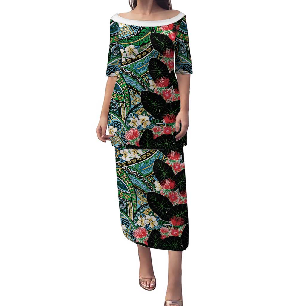 Hawaiian Taro Leaves and Ohia Lehua Family Matching Puletasi and Hawaiian Shirt Polynesian Tribal Art Tropical Plants Motifs Colorful