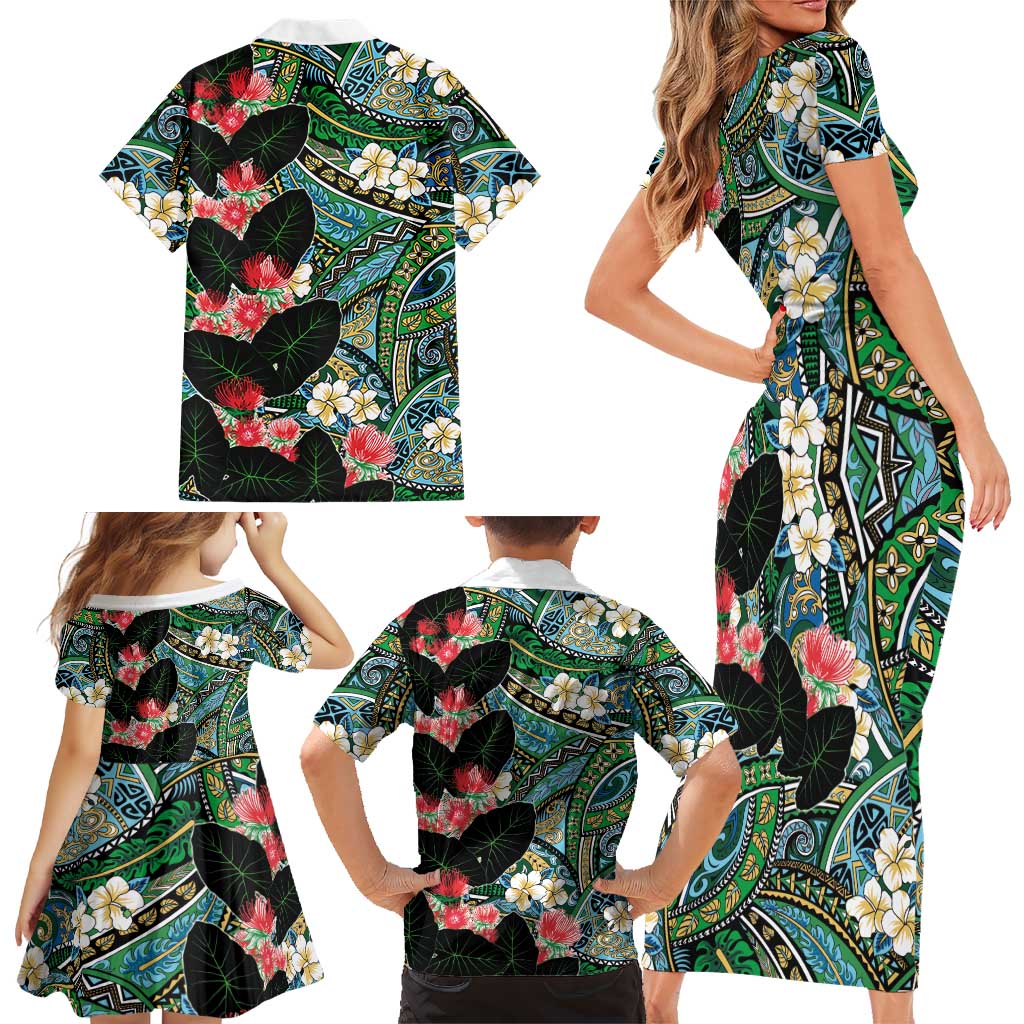 Hawaiian Taro Leaves and Ohia Lehua Family Matching Short Sleeve Bodycon Dress and Hawaiian Shirt Polynesian Tribal Art Tropical Plants Motifs Colorful