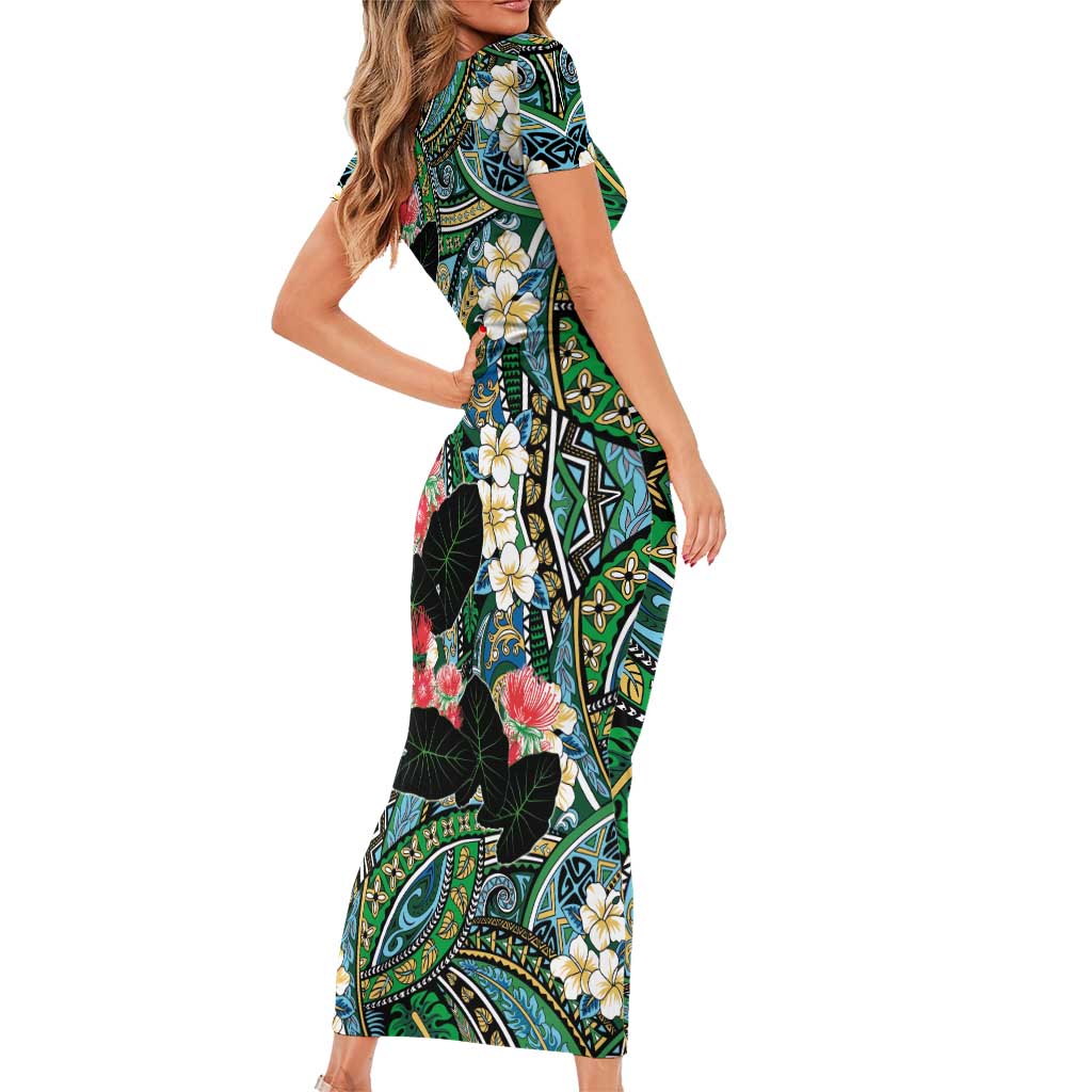 Hawaiian Taro Leaves and Ohia Lehua Family Matching Short Sleeve Bodycon Dress and Hawaiian Shirt Polynesian Tribal Art Tropical Plants Motifs Colorful