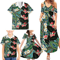 Hawaiian Taro Leaves and Ohia Lehua Family Matching Summer Maxi Dress and Hawaiian Shirt Polynesian Tribal Art Tropical Plants Motifs Colorful