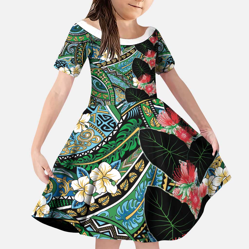 Hawaiian Taro Leaves and Ohia Lehua Family Matching Tank Maxi Dress and Hawaiian Shirt Polynesian Tribal Art Tropical Plants Motifs Colorful LT03 Daughter's Dress Multicolor - Polynesian Pride