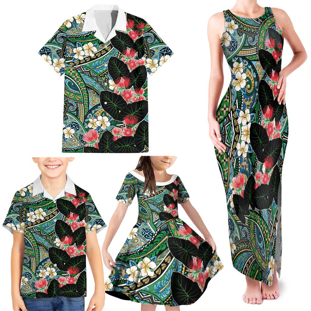 Hawaiian Taro Leaves and Ohia Lehua Family Matching Tank Maxi Dress and Hawaiian Shirt Polynesian Tribal Art Tropical Plants Motifs Colorful LT03 - Polynesian Pride