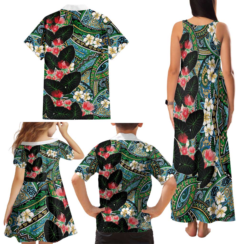 Hawaiian Taro Leaves and Ohia Lehua Family Matching Tank Maxi Dress and Hawaiian Shirt Polynesian Tribal Art Tropical Plants Motifs Colorful LT03 - Polynesian Pride