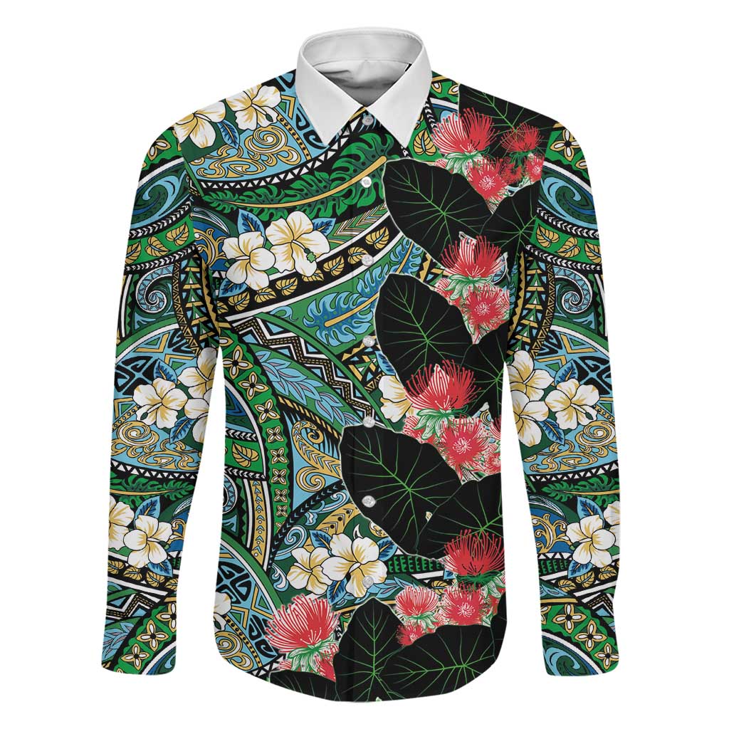 Hawaiian Taro Leaves and Ohia Lehua Family Matching Tank Maxi Dress and Hawaiian Shirt Polynesian Tribal Art Tropical Plants Motifs Colorful LT03 Dad's Shirt - Long Sleeve Multicolor - Polynesian Pride