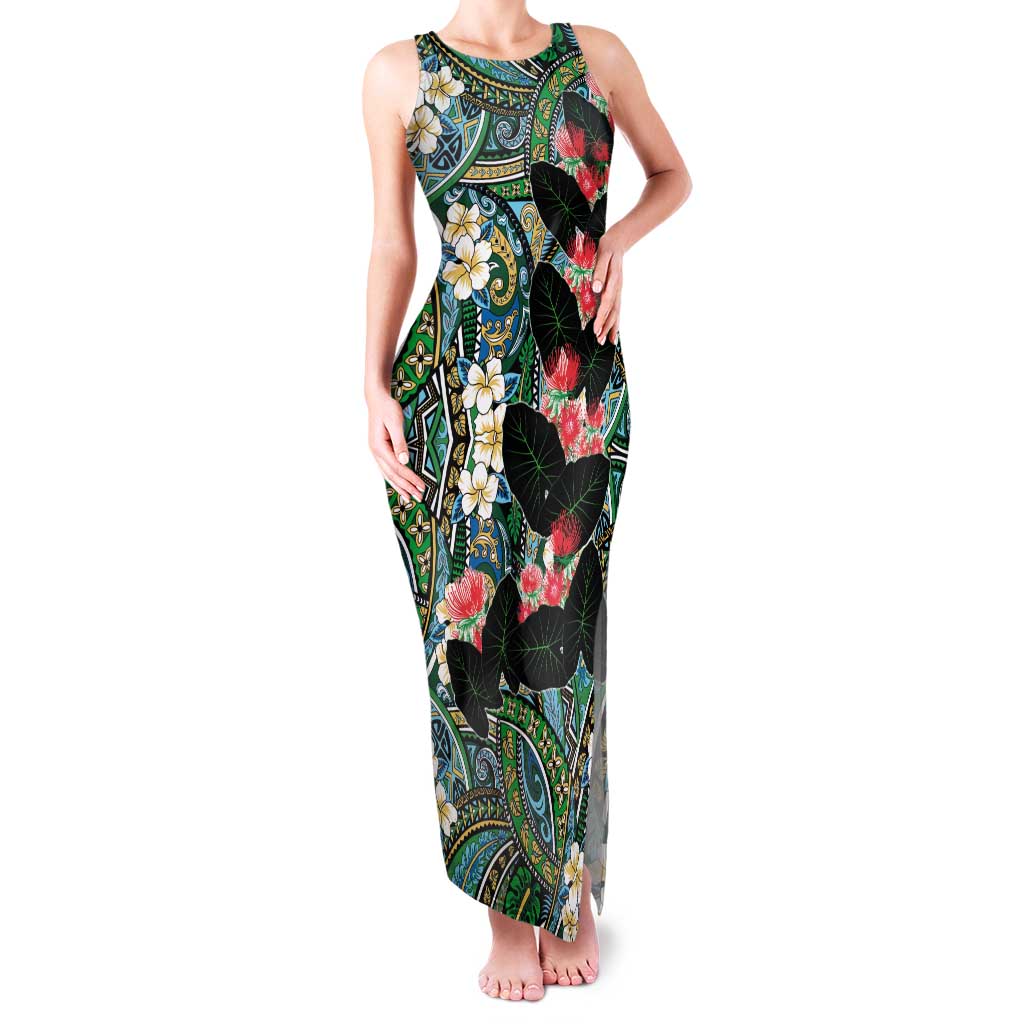 Hawaiian Taro Leaves and Ohia Lehua Family Matching Tank Maxi Dress and Hawaiian Shirt Polynesian Tribal Art Tropical Plants Motifs Colorful LT03 Mom's Dress Multicolor - Polynesian Pride