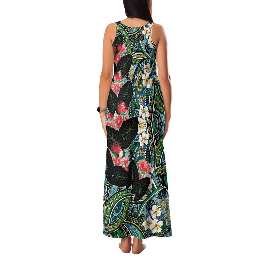 Hawaiian Taro Leaves and Ohia Lehua Family Matching Tank Maxi Dress and Hawaiian Shirt Polynesian Tribal Art Tropical Plants Motifs Colorful LT03 - Polynesian Pride
