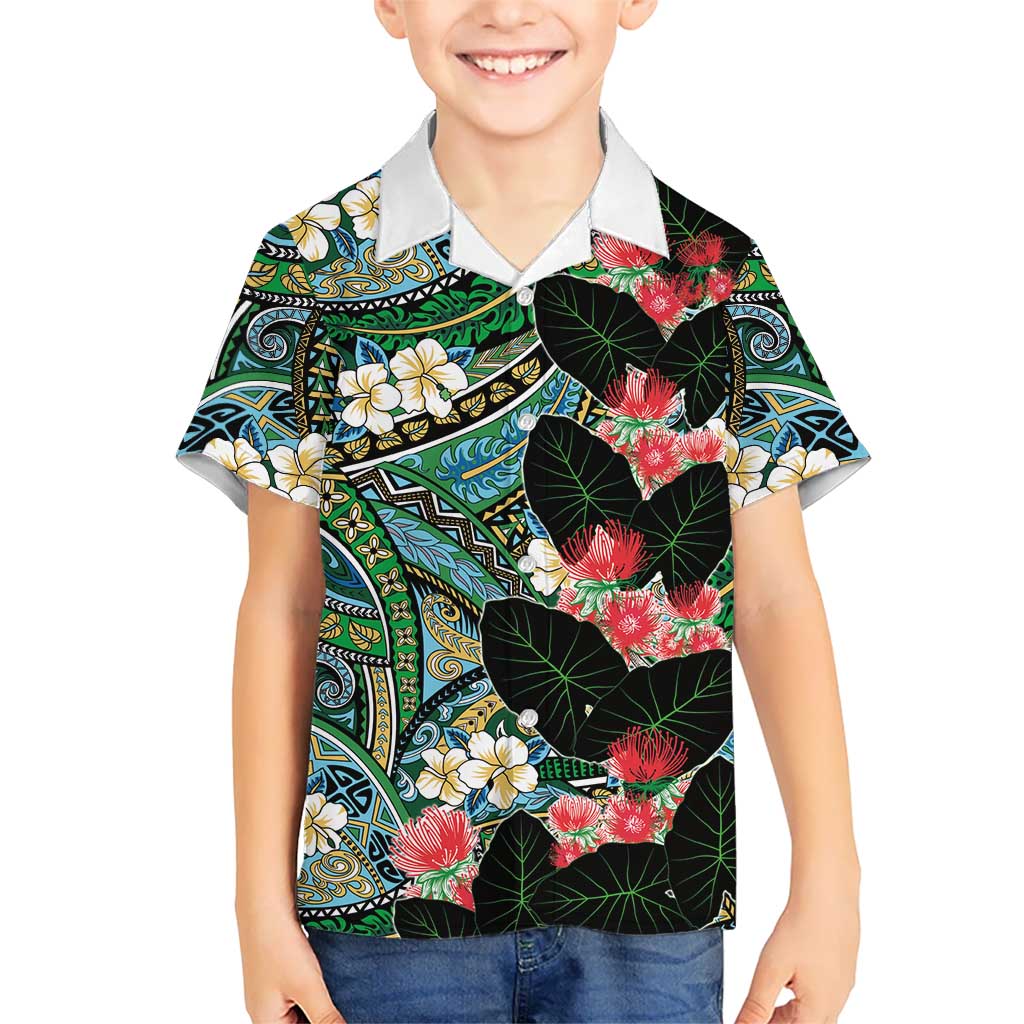 Hawaiian Taro Leaves and Ohia Lehua Family Matching Tank Maxi Dress and Hawaiian Shirt Polynesian Tribal Art Tropical Plants Motifs Colorful LT03 Son's Shirt Multicolor - Polynesian Pride