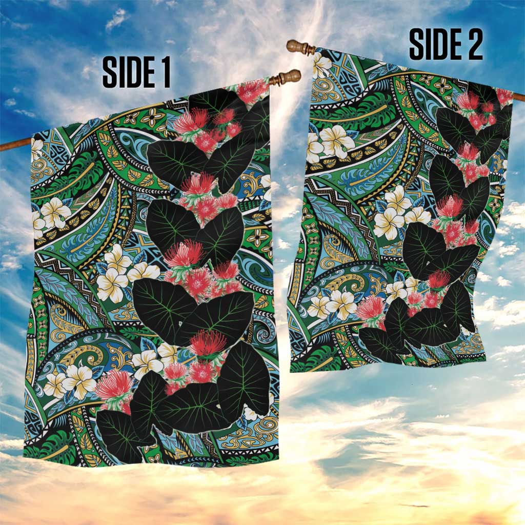 Hawaiian Taro Leaves and Ohia Lehua Garden Flag Polynesian Tribal Art Tropical Plants Motifs Colorful