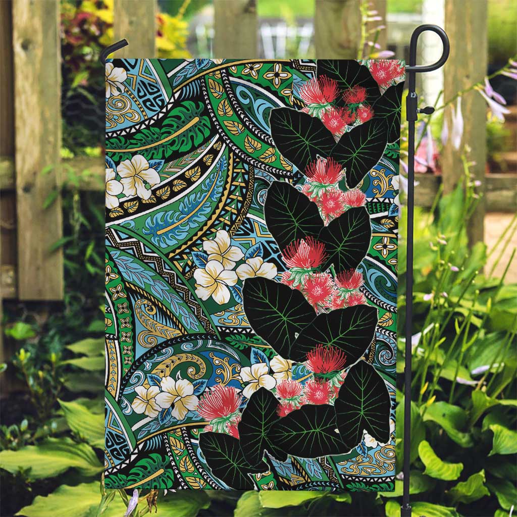 Hawaiian Taro Leaves and Ohia Lehua Garden Flag Polynesian Tribal Art Tropical Plants Motifs Colorful