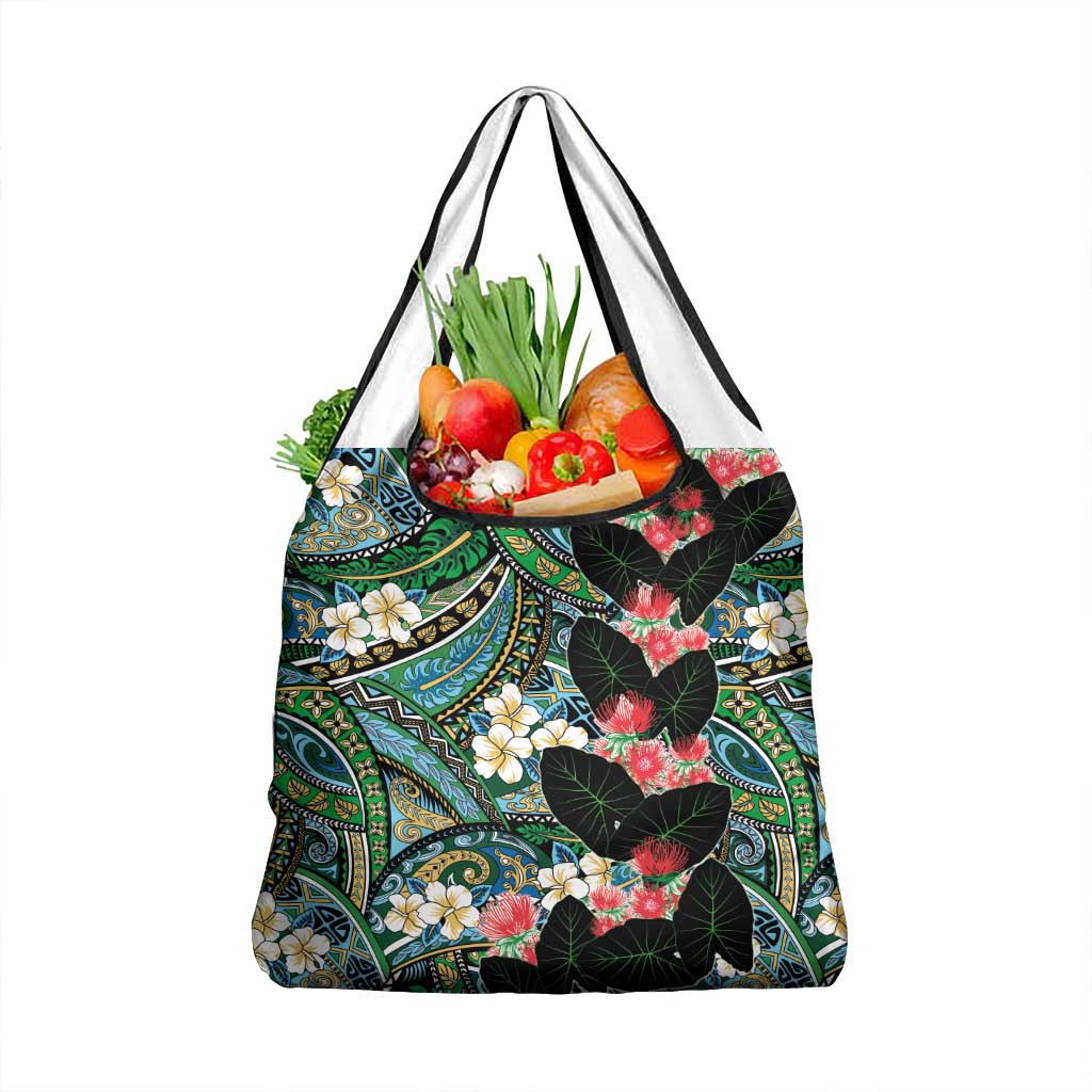 Hawaiian Taro Leaves and Ohia Lehua Grocery Bag Polynesian Tribal Art Tropical Plants Motifs Colorful