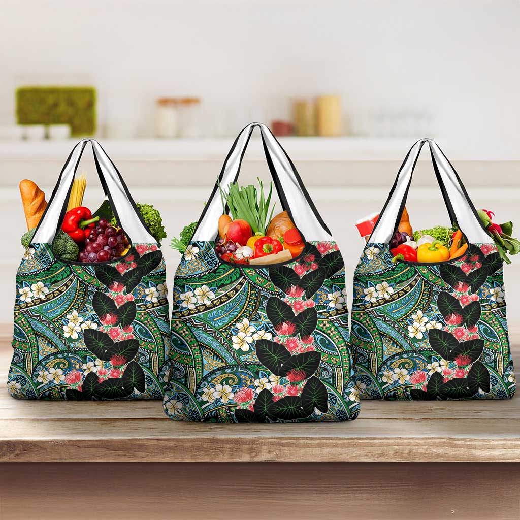 Hawaiian Taro Leaves and Ohia Lehua Grocery Bag Polynesian Tribal Art Tropical Plants Motifs Colorful