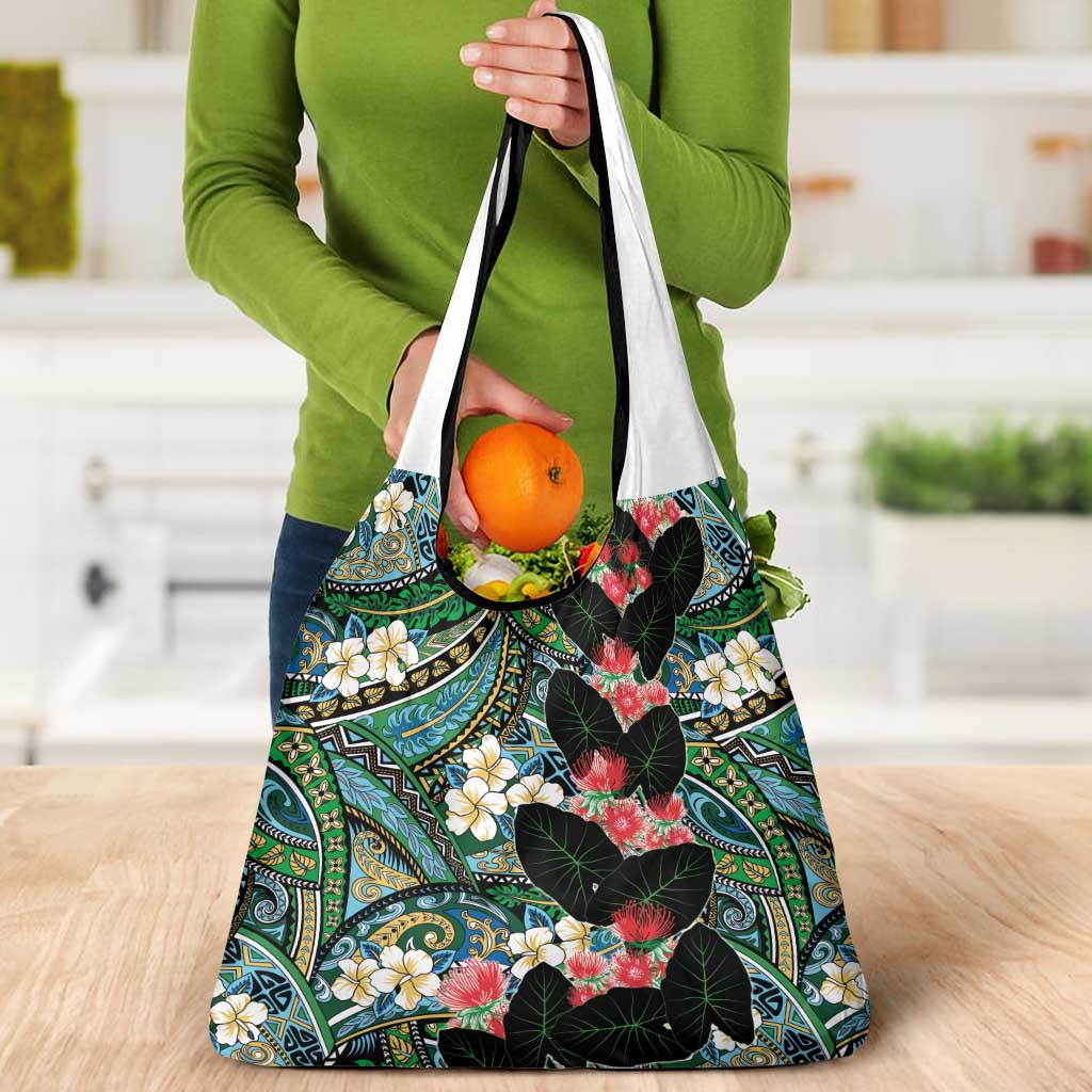Hawaiian Taro Leaves and Ohia Lehua Grocery Bag Polynesian Tribal Art Tropical Plants Motifs Colorful