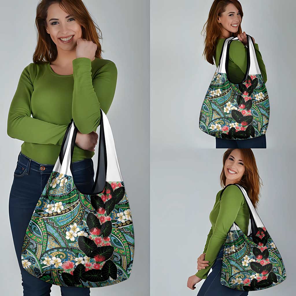 Hawaiian Taro Leaves and Ohia Lehua Grocery Bag Polynesian Tribal Art Tropical Plants Motifs Colorful