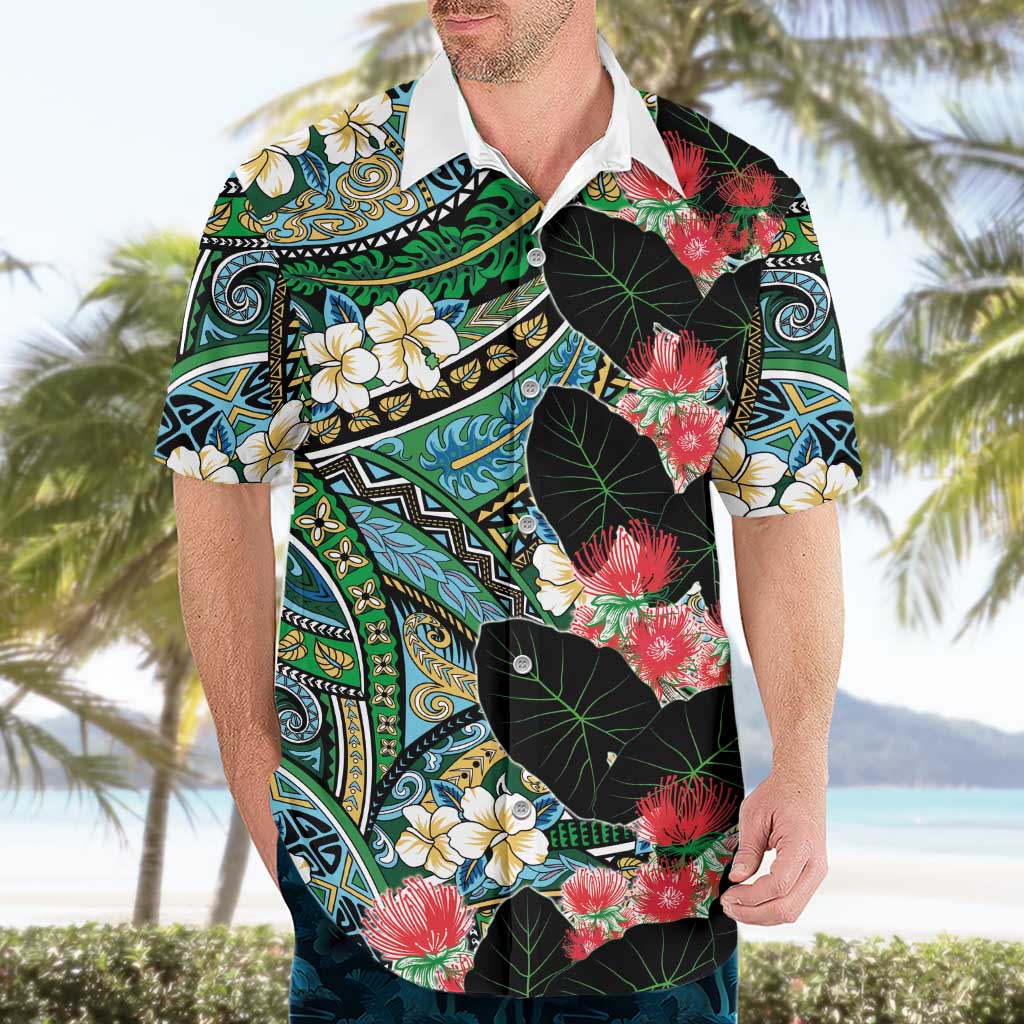 Hawaiian Taro Leaves and Ohia Lehua Hawaiian Shirt Polynesian Tribal Art Tropical Plants Motifs Colorful