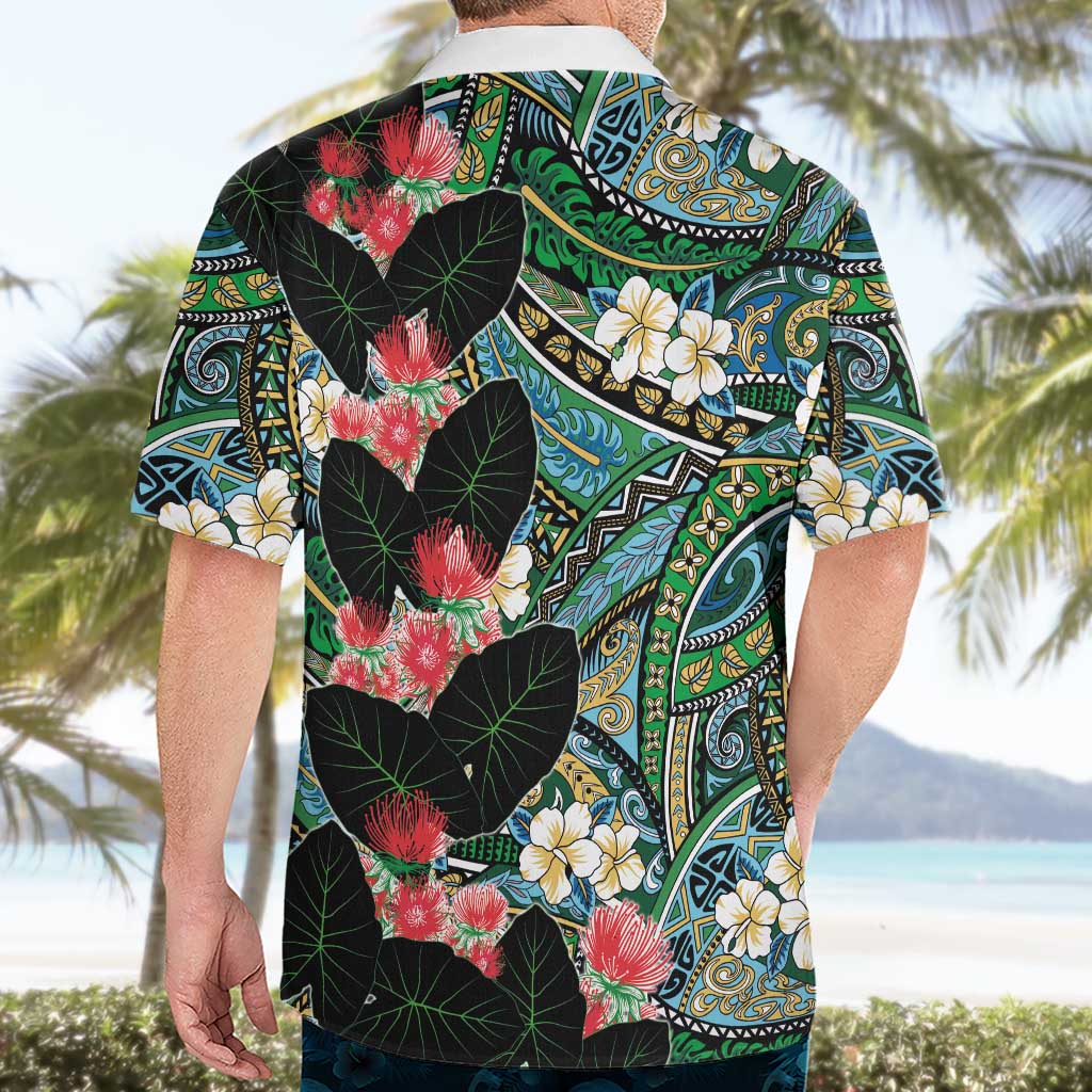 Hawaiian Taro Leaves and Ohia Lehua Hawaiian Shirt Polynesian Tribal Art Tropical Plants Motifs Colorful