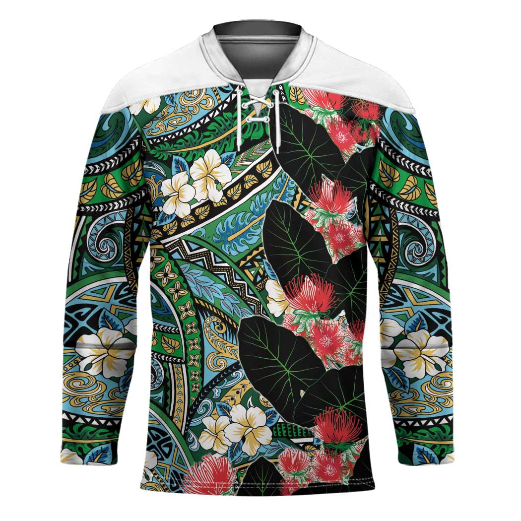 Hawaiian Taro Leaves and Ohia Lehua Hockey Jersey Polynesian Tribal Art Tropical Plants Motifs Colorful
