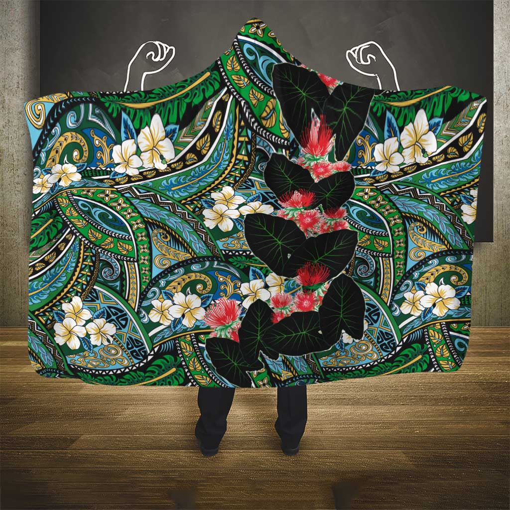 Hawaiian Taro Leaves and Ohia Lehua Hooded Blanket Polynesian Tribal Art Tropical Plants Motifs Colorful