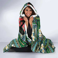Hawaiian Taro Leaves and Ohia Lehua Hooded Blanket Polynesian Tribal Art Tropical Plants Motifs Colorful