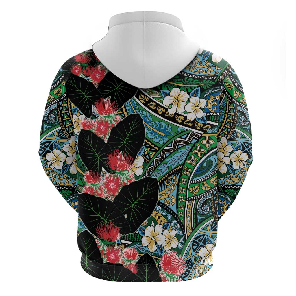 Hawaiian Taro Leaves and Ohia Lehua Hoodie Polynesian Tribal Art Tropical Plants Motifs Colorful