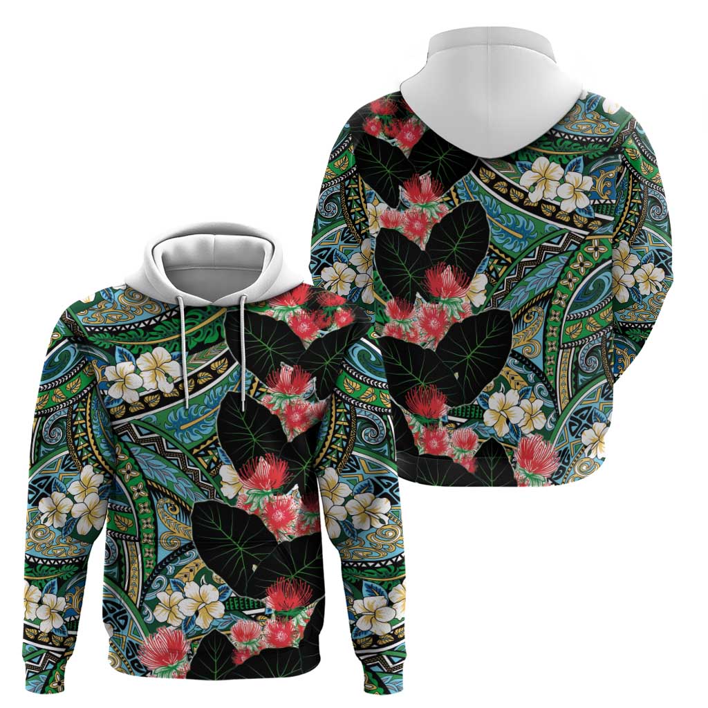 Hawaiian Taro Leaves and Ohia Lehua Hoodie Polynesian Tribal Art Tropical Plants Motifs Colorful