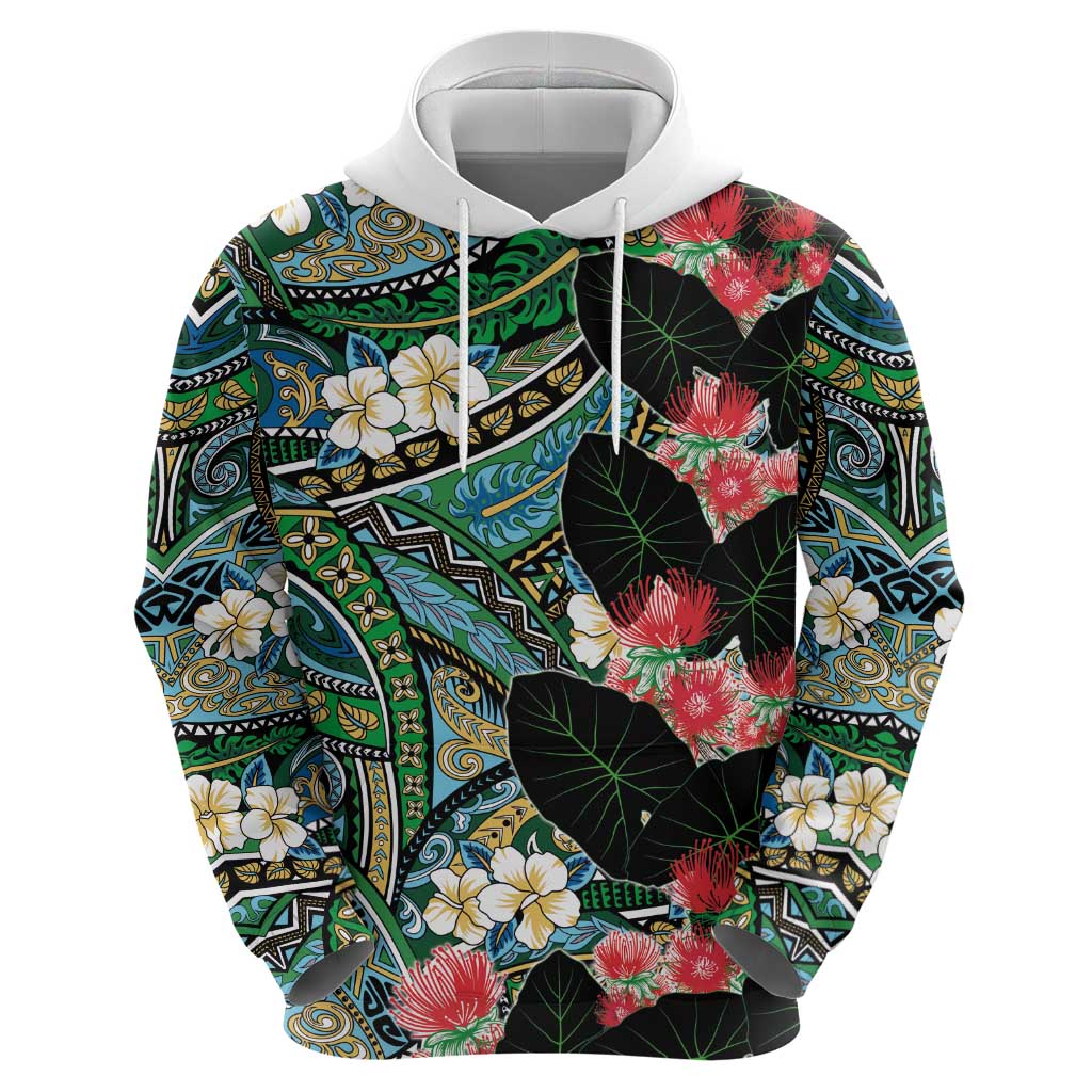 Hawaiian Taro Leaves and Ohia Lehua Hoodie Polynesian Tribal Art Tropical Plants Motifs Colorful