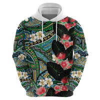 Hawaiian Taro Leaves and Ohia Lehua Hoodie Polynesian Tribal Art Tropical Plants Motifs Colorful