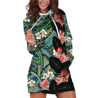 Hawaiian Taro Leaves and Ohia Lehua Hoodie Dress Polynesian Tribal Art Tropical Plants Motifs Colorful