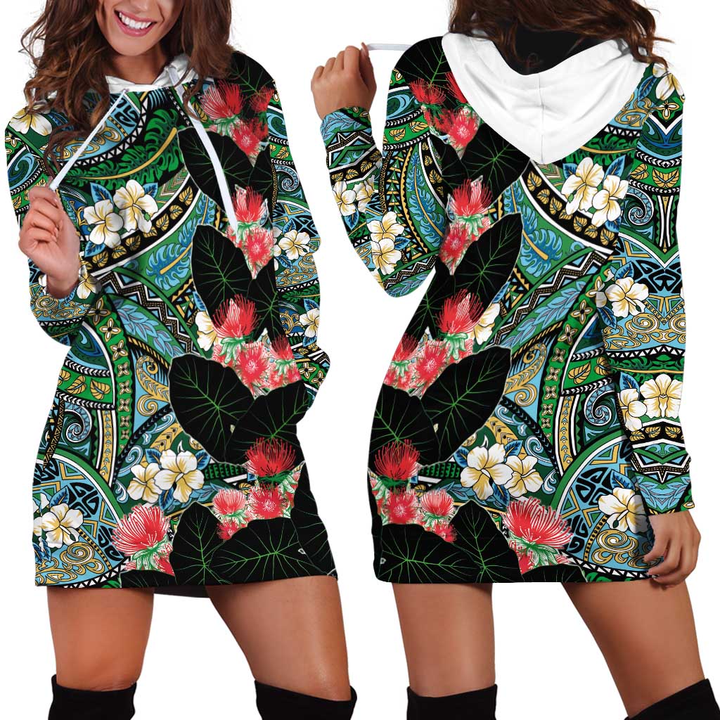 Hawaiian Taro Leaves and Ohia Lehua Hoodie Dress Polynesian Tribal Art Tropical Plants Motifs Colorful