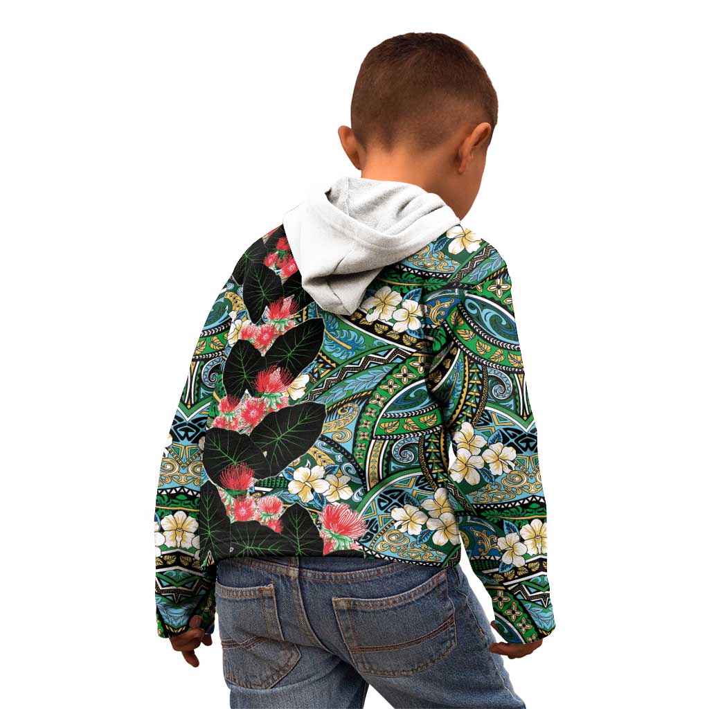 Hawaiian Taro Leaves and Ohia Lehua Kid Hoodie Polynesian Tribal Art Tropical Plants Motifs Colorful
