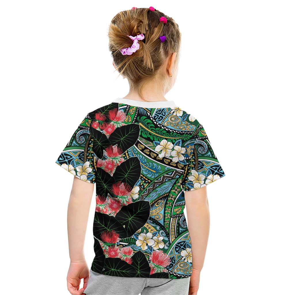 Hawaiian Taro Leaves and Ohia Lehua Kid T Shirt Polynesian Tribal Art Tropical Plants Motifs Colorful
