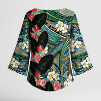 Hawaiian Taro Leaves and Ohia Lehua Kimono Sleeve Blouse Polynesian Tribal Art Tropical Plants Motifs Colorful
