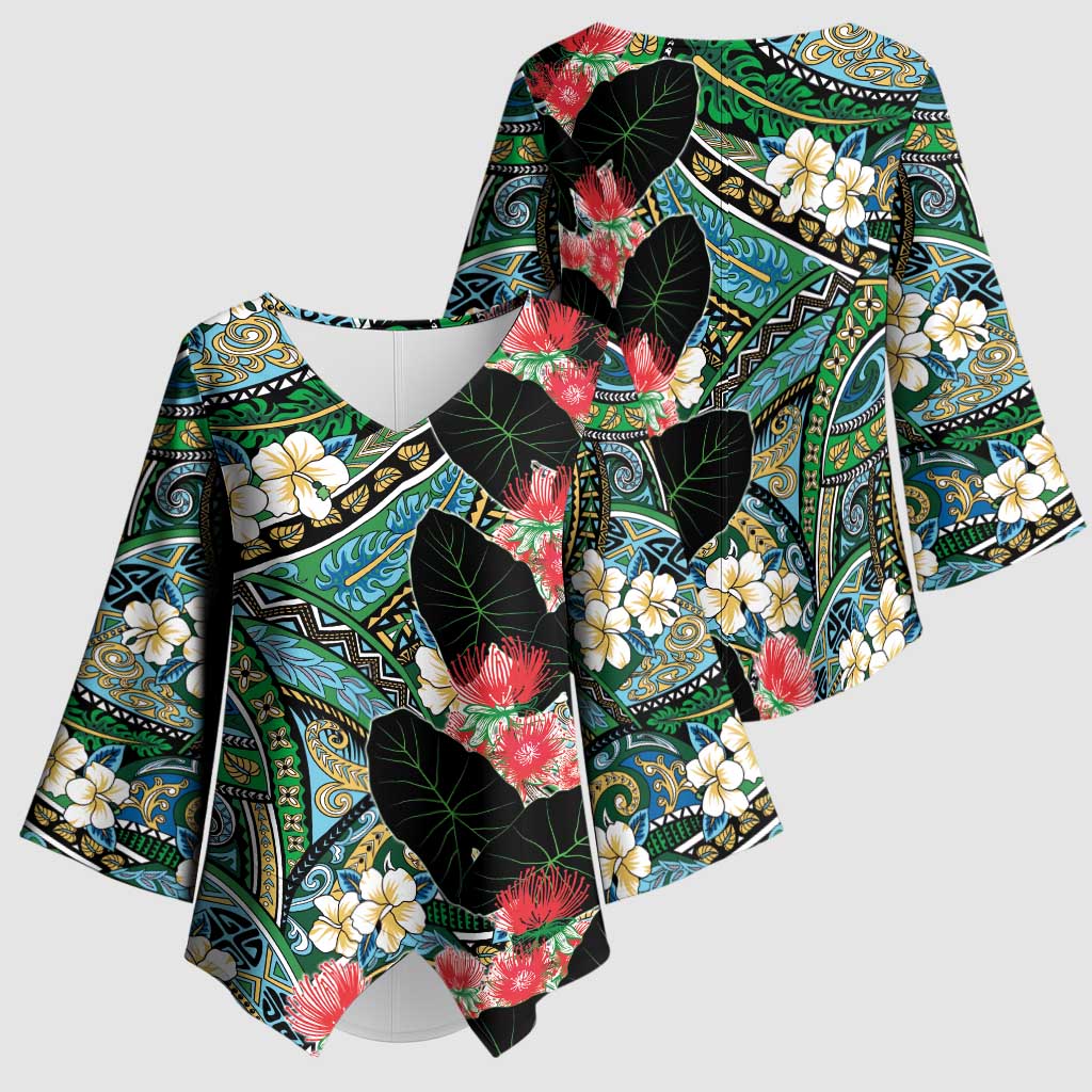 Hawaiian Taro Leaves and Ohia Lehua Kimono Sleeve Blouse Polynesian Tribal Art Tropical Plants Motifs Colorful