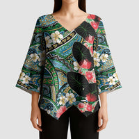Hawaiian Taro Leaves and Ohia Lehua Kimono Sleeve Blouse Polynesian Tribal Art Tropical Plants Motifs Colorful