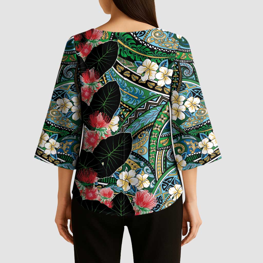Hawaiian Taro Leaves and Ohia Lehua Kimono Sleeve Blouse Polynesian Tribal Art Tropical Plants Motifs Colorful