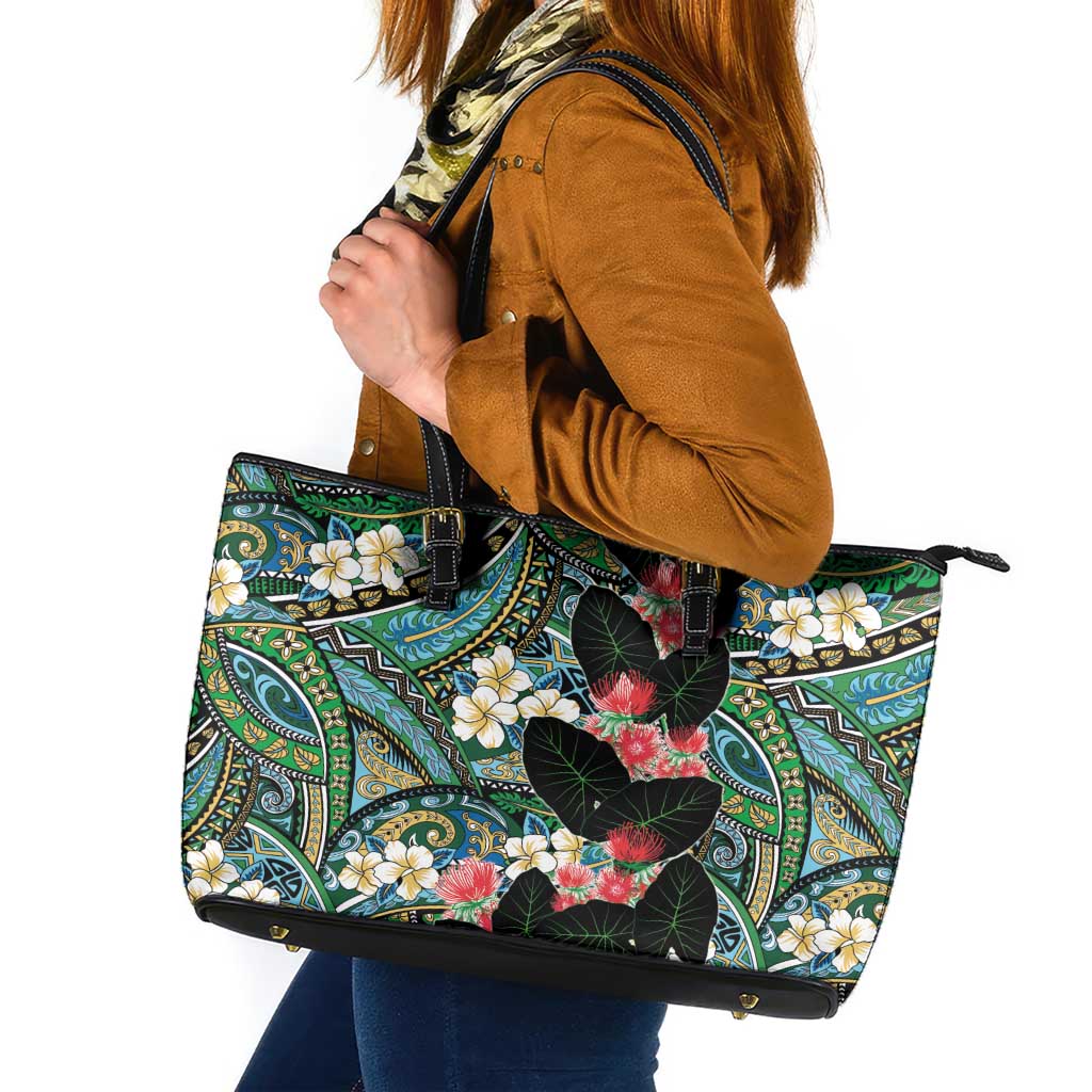 Hawaiian Taro Leaves and Ohia Lehua Leather Tote Bag Polynesian Tribal Art Tropical Plants Motifs Colorful