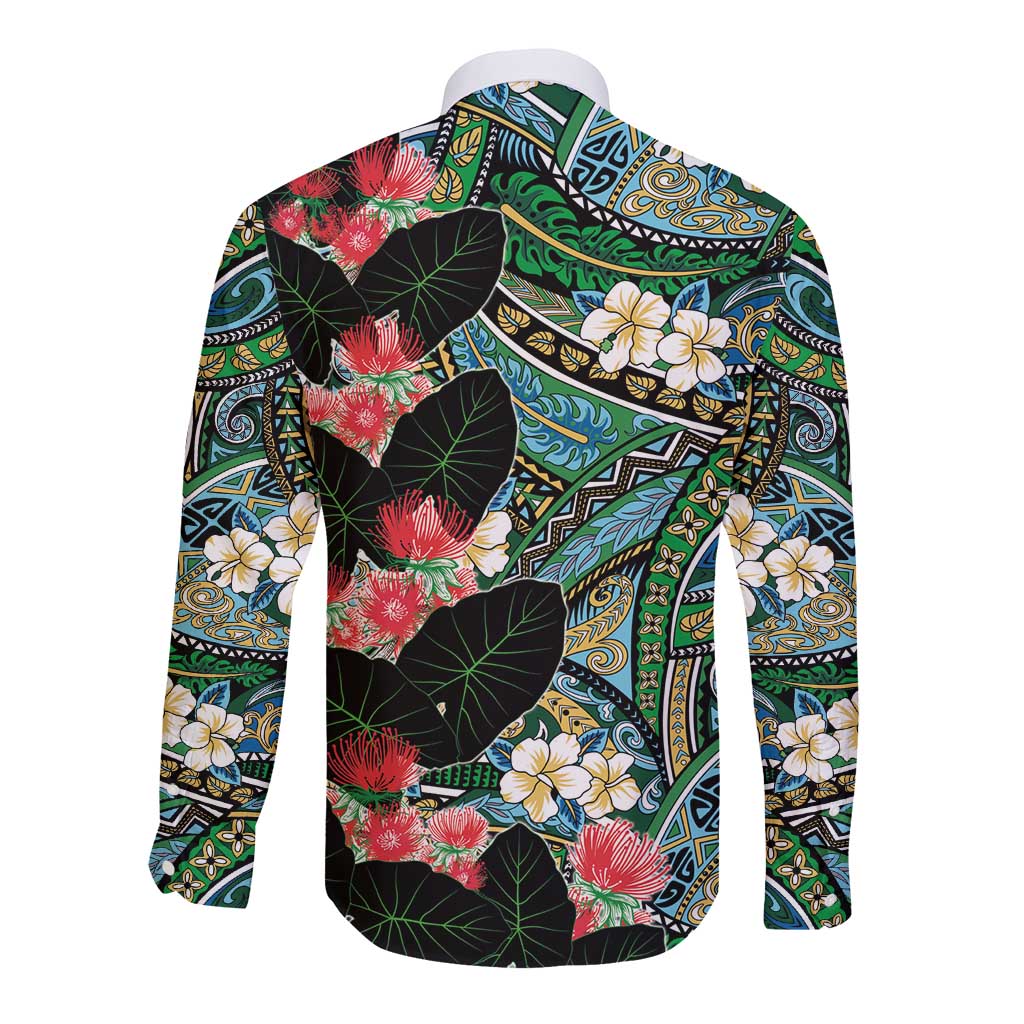 Hawaiian Taro Leaves and Ohia Lehua Long Sleeve Button Shirt Polynesian Tribal Art Tropical Plants Motifs Colorful