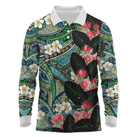 Hawaiian Taro Leaves and Ohia Lehua Long Sleeve Polo Shirt Polynesian Tribal Art Tropical Plants Motifs Colorful