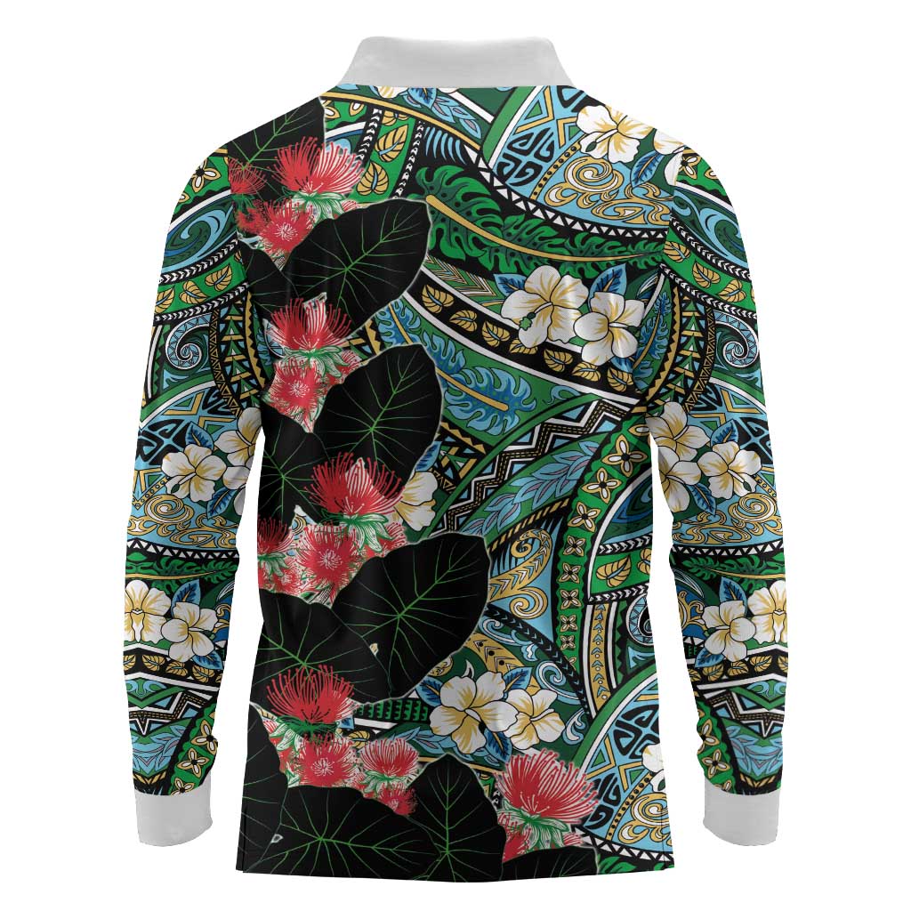 Hawaiian Taro Leaves and Ohia Lehua Long Sleeve Polo Shirt Polynesian Tribal Art Tropical Plants Motifs Colorful