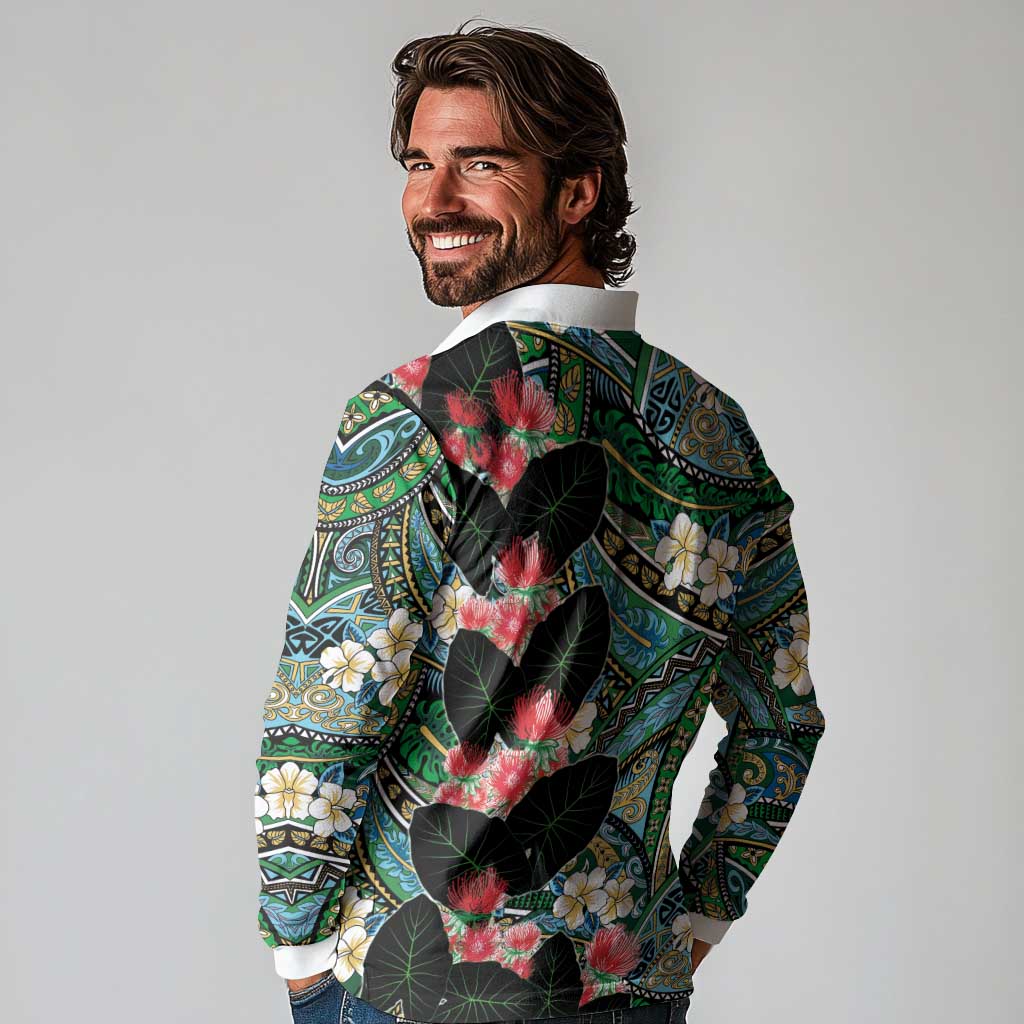 Hawaiian Taro Leaves and Ohia Lehua Long Sleeve Polo Shirt Polynesian Tribal Art Tropical Plants Motifs Colorful