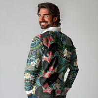 Hawaiian Taro Leaves and Ohia Lehua Long Sleeve Polo Shirt Polynesian Tribal Art Tropical Plants Motifs Colorful