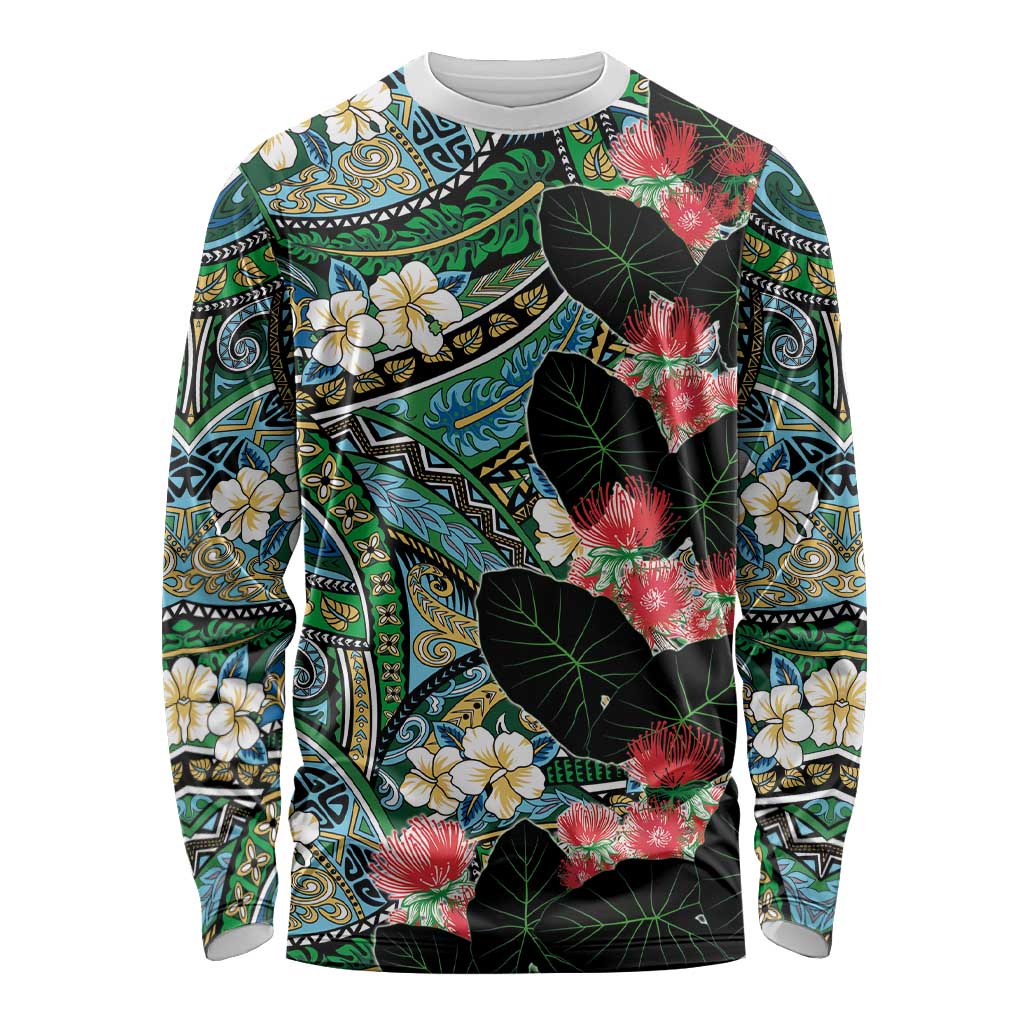 Hawaiian Taro Leaves and Ohia Lehua Long Sleeve Shirt Polynesian Tribal Art Tropical Plants Motifs Colorful