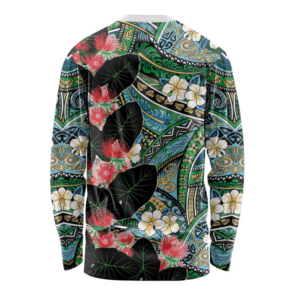 Hawaiian Taro Leaves and Ohia Lehua Long Sleeve Shirt Polynesian Tribal Art Tropical Plants Motifs Colorful