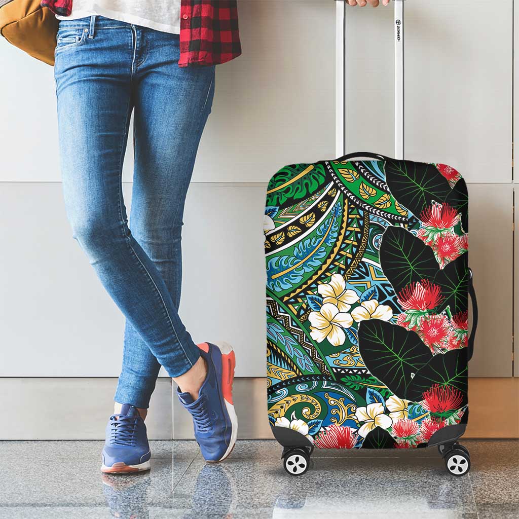Hawaiian Taro Leaves and Ohia Lehua Luggage Cover Polynesian Tribal Art Tropical Plants Motifs Colorful