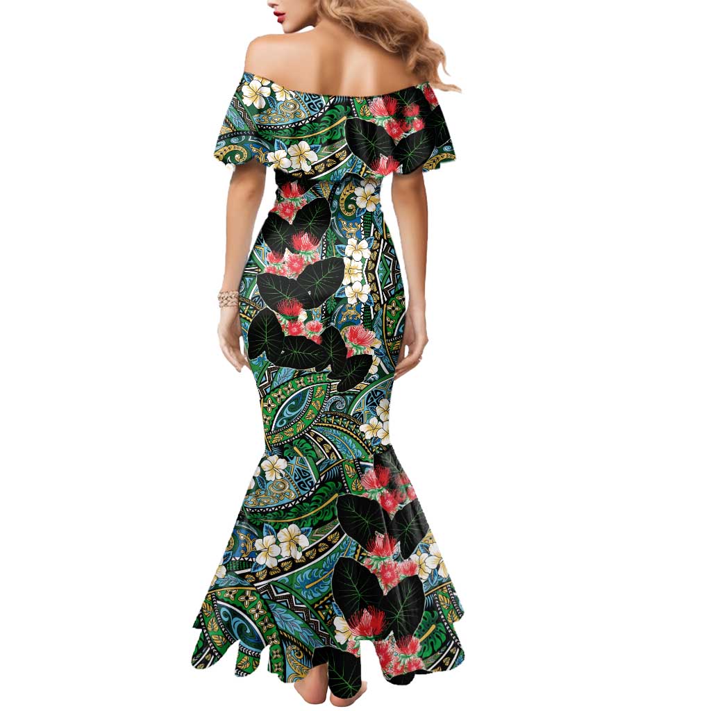 Hawaiian Taro Leaves and Ohia Lehua Mermaid Dress Polynesian Tribal Art Tropical Plants Motifs Colorful LT03 - Polynesian Pride