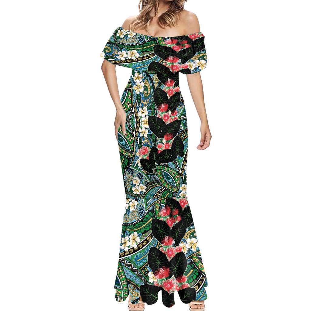 Hawaiian Taro Leaves and Ohia Lehua Mermaid Dress Polynesian Tribal Art Tropical Plants Motifs Colorful LT03 - Polynesian Pride