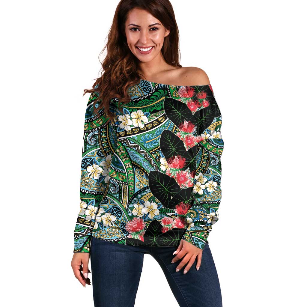 Hawaiian Taro Leaves and Ohia Lehua Off Shoulder Sweater Polynesian Tribal Art Tropical Plants Motifs Colorful