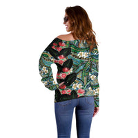 Hawaiian Taro Leaves and Ohia Lehua Off Shoulder Sweater Polynesian Tribal Art Tropical Plants Motifs Colorful