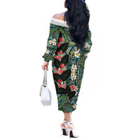 Hawaiian Taro Leaves and Ohia Lehua Off The Shoulder Long Sleeve Dress Polynesian Tribal Art Tropical Plants Motifs Colorful