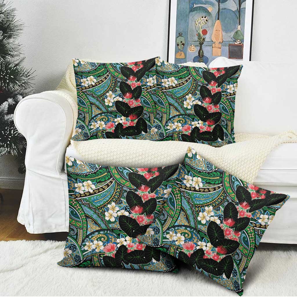 Hawaiian Taro Leaves and Ohia Lehua Pillow Cover Polynesian Tribal Art Tropical Plants Motifs Colorful