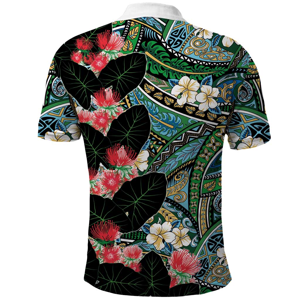 Hawaiian Taro Leaves and Ohia Lehua Polo Shirt Polynesian Tribal Art Tropical Plants Motifs Colorful